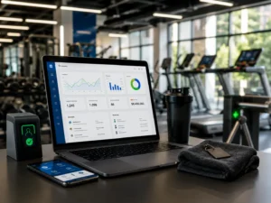 Software para gimnasios en 2026 con dashboard de gestión, app móvil y control de acceso en un gimnasio moderno