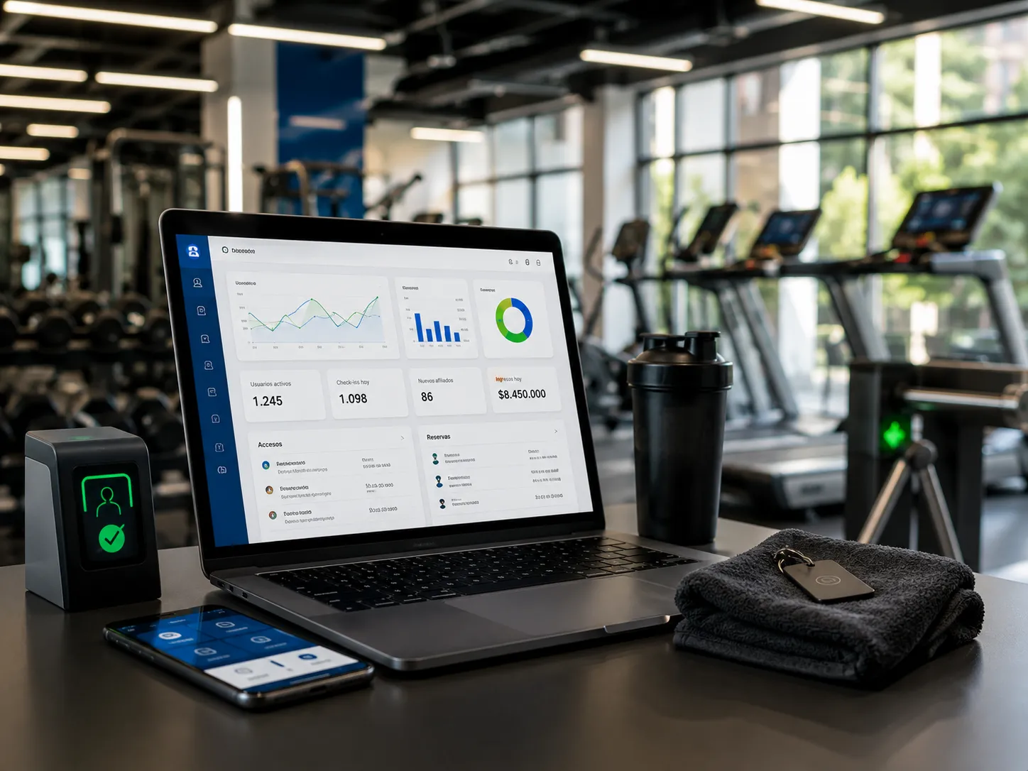Software para gimnasios en 2026 con dashboard de gestión, app móvil y control de acceso en un gimnasio moderno
